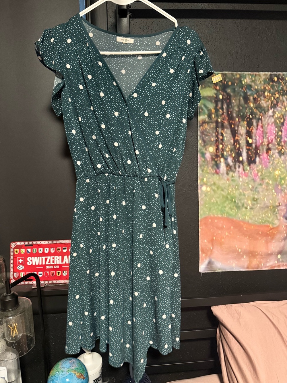 Polka Dot Wrap Dress - Dark Teal Green